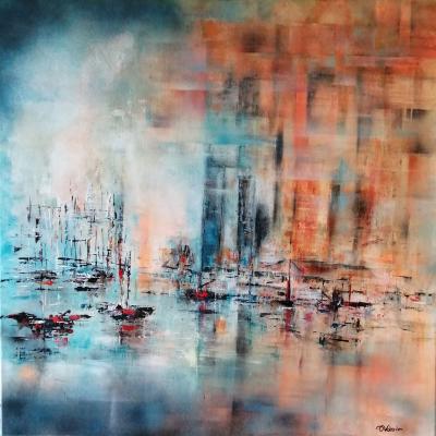 Anita Voloir Bateaux Dans La Brume 80x80 Acrylique